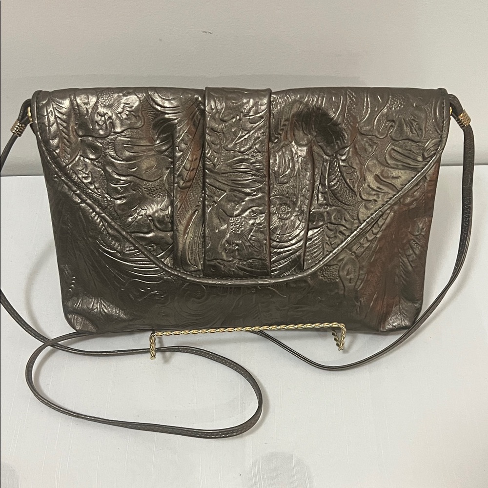 Vintage Leather Brown Copper Embossed Envelope Shoulder Bag